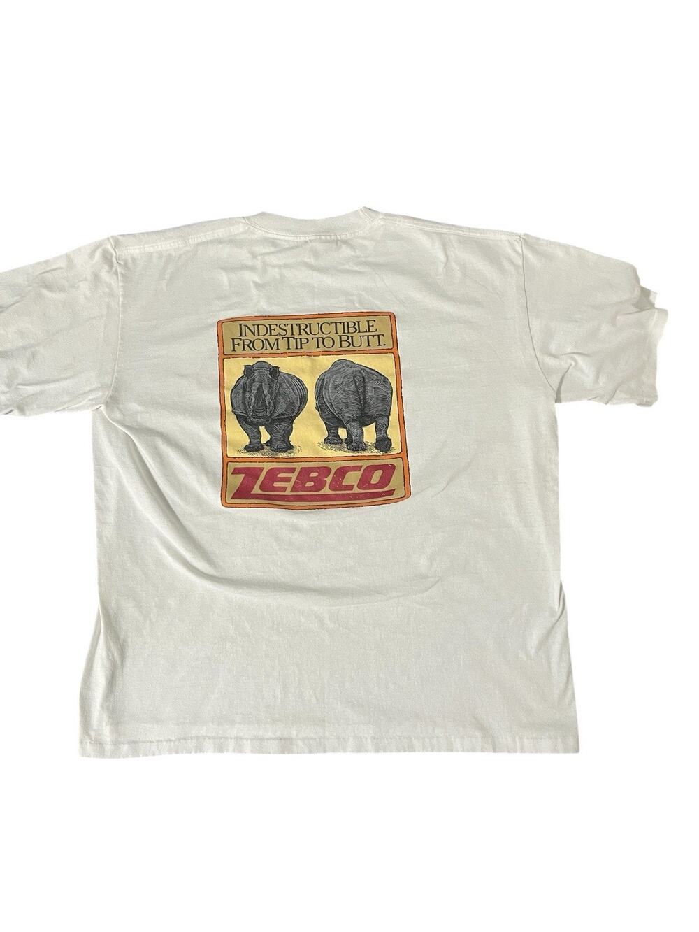 VTG Zebco Rhino Fishing Pole Rod T Shirt Sz XXL Tip to Butt Single Stitch White